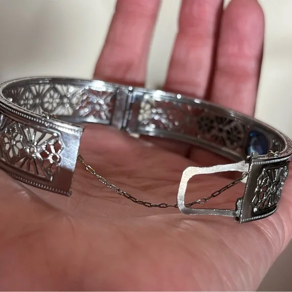 Vintage antique Victorian Art deco Silver Filagree Rose Enamel Blue Bracelet - Picture 6 of 17